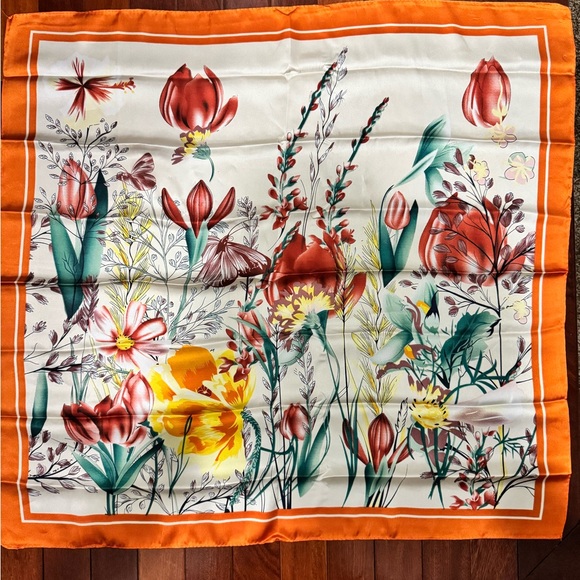 Accessories - Floral Silk Scarf with Orange Border